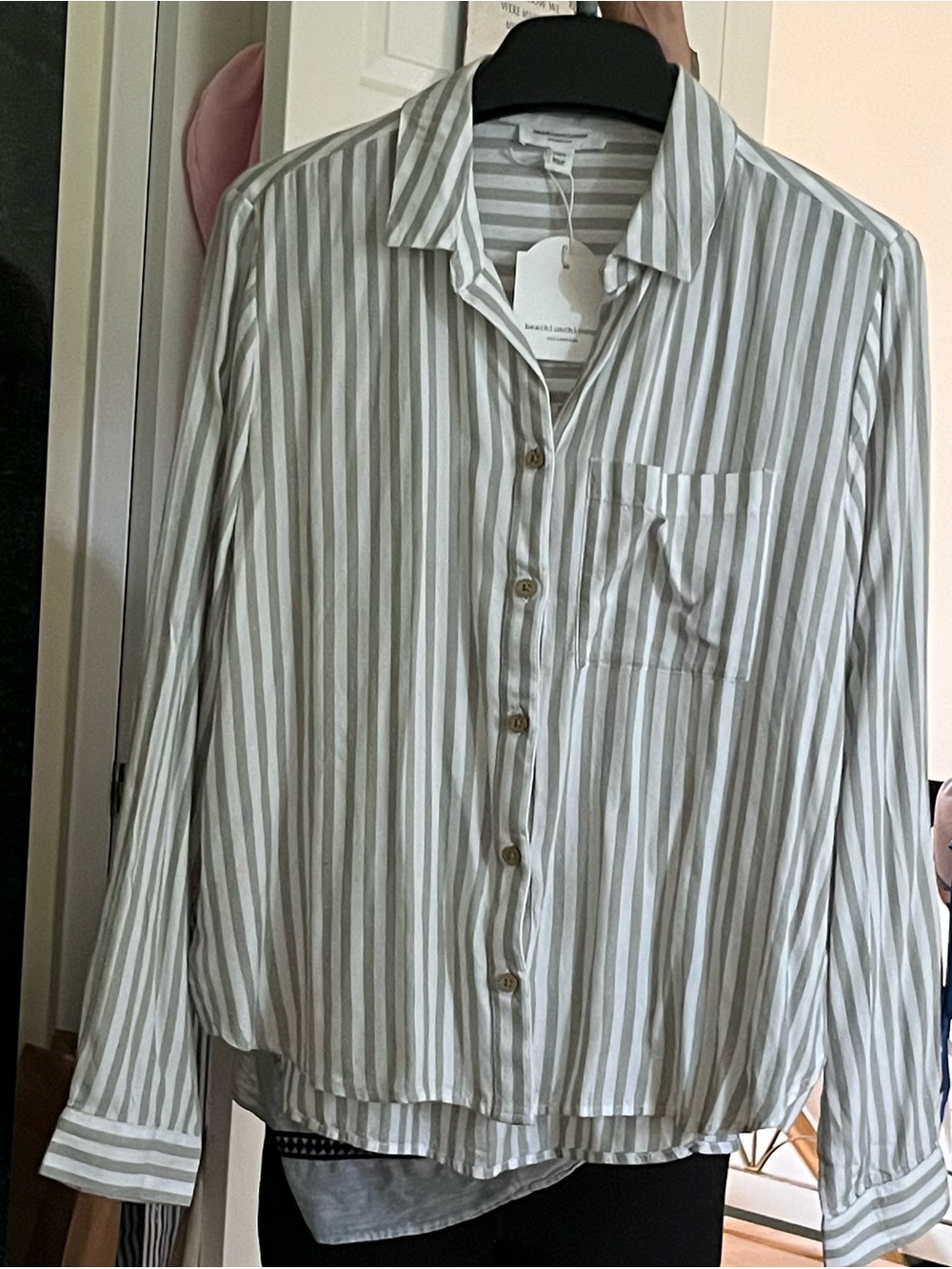 NWT Olive Green/Gray and White Striped Button-Down Shirt-Boho/Retro/Beachy Fit